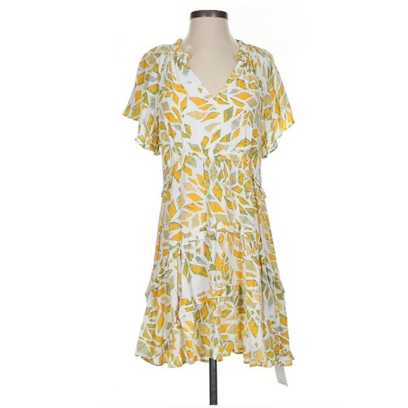 Anthropologie Robin Tiered Mini Dress Size Small Yellow White Geometric Print - Picture 2 of 16